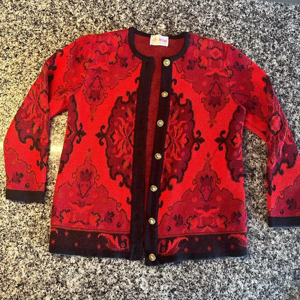 Vintage Irene Red & Black Paisley Italian Wool Blend Cardigan Sweater